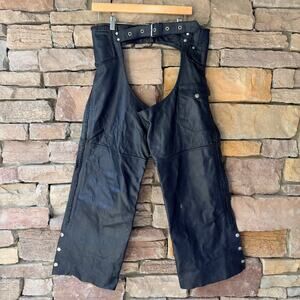 Black Leather side zip/snap motorcycle chaps Women's L Adj. Silver Buckle Waist